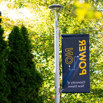 A 上电 sign hangs on a lightpole on campus.